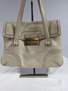 Talbots Leather Handbag Purse Ivory Cream Gold Hardware Studded Divided Sections